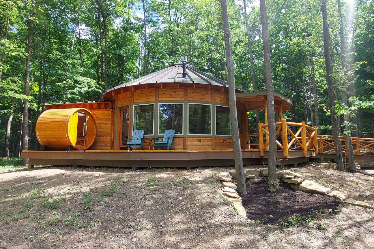 Darling wooden yurt with barrel sauna